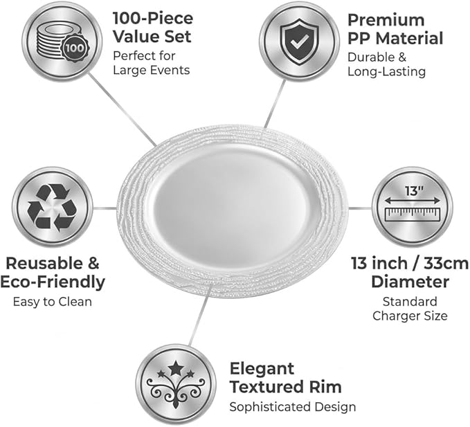 100 Pack Chargers for Finner Plates, 13 Inch Plastic Round Bright Charger Plates Bulk, Wedding Decoration for Table Setting Wedding Party Event Tabletop (Silver)