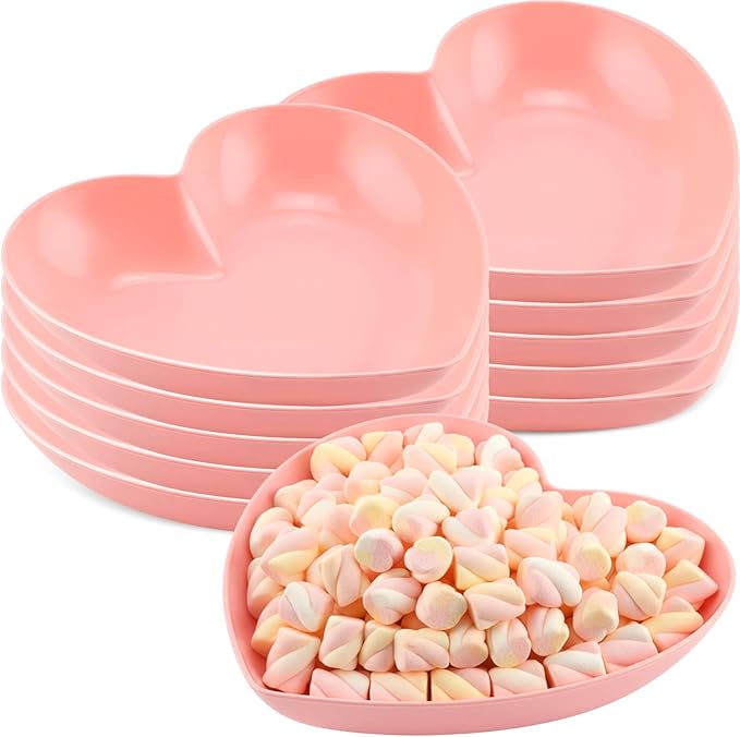 10-Pack 9.8 Inch Valentine's Day Candy Dish Heart Shaped Candy Bowl Plastic Dessert Plates Heart Shaped Dinner Bowl Party Serving Dishes for Salad, Cake, Snack, Waffles, Fruit, Appetizer(Pink)