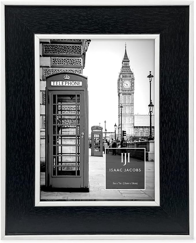 Isaac Jacobs 5x7 Black w/White (Vertical & Horizontal) Double Border Picture Frame w/Black Fabric Easel, Wall-Mountable, Made for Tabletop & Gallery, Home or Office (5x7, Black W/White)
