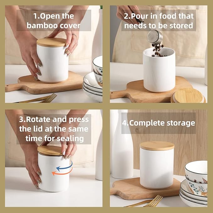 Sweejar Kitchen Canisters Ceramic Food Storage Jar Set, Stackable Containers with Airtight Seal Wooden Lid for Serving Ground Coffee, Tea, Herbs, Grains, Sugar, Salt - Set of 4 (Black)