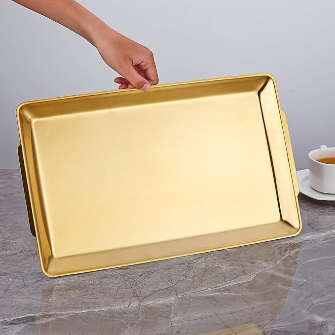 16.3" x 11" Large Serving Platters Set of 2, Stainless Steel Heavy-Duty Large Serving Trays, Gold Rectangular Plates for Food, Fruit, Party, Wedding, Christmas, Chip and Scratch Resistant