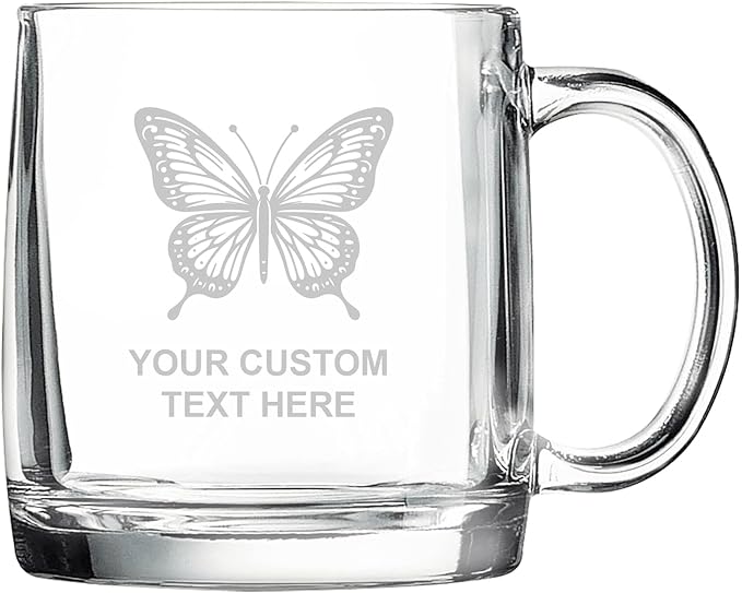Butterfly, Personalized 12.5 oz Polar Camel Glass Coffee Desk Mug – Custom Laser Engraved Clear Cup for Tea, Espresso, Latte, Whiskey - Microwave Safe/Made in USA