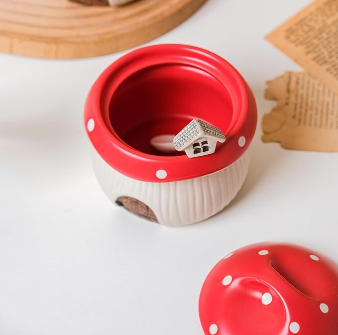 Ceramic Sugar Bowl with Lid & Spoon, Cute mushroom house design. Porcelain Seasoning Storage Jar, 14 Ounces. (Red)