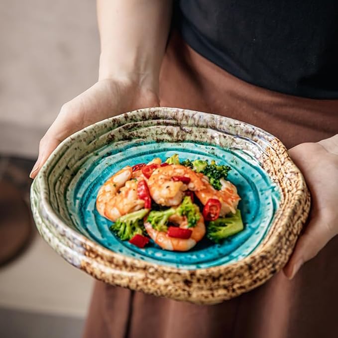 OWNKPM Special-Shaped Ceramic Plate 1 Pice – Green Ice Crack Glaze, Spiral Decorative Pattern, Heavy & Textured – Ideal for Dining Table, Coffee Table, Snacks, Sushi, Fruits, Jewelry & Key Storage