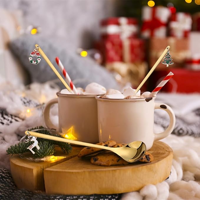 10 Pieces Christmas Stirring Spoons Stainless Steel Coffee Dessert Teaspoons Christmas Tableware Spoons for Xmas Party Table Decorations