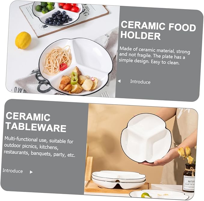 VALICLUD Ceramic Divided Serving Dish Three Compartment Plate for Portion Control Food Grade Dinnerware for Snacks Appetizers Fruits for Home and Party Use