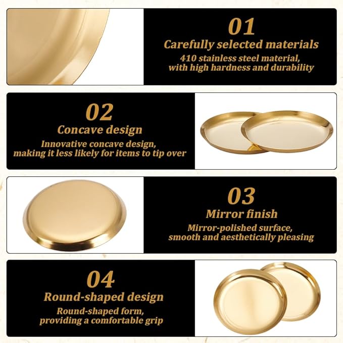 4 Pack 3.9 Inch Round Gold Serving Platters Metal Soy Sauce Tray 410 Stainless Steel Small Seasoning Dish Plate Storage Tools for Kitchen Cooking Sushi Dipping Appetizer Plates Jewelry Holder