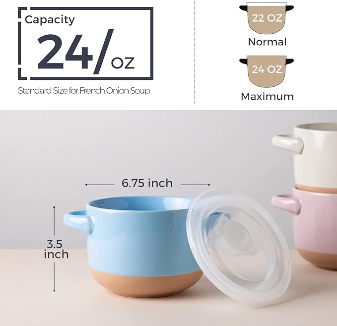 AmorArc 24 Ounces Soup Bowls with Large Handles and Lids, Stoneware Bowls Set of 2 for Soup, Cereal, Stew, Noodle, Colourful Ceramic Kitchen Bowls, Microwave&Dishwasher Safe, Blue&Pink