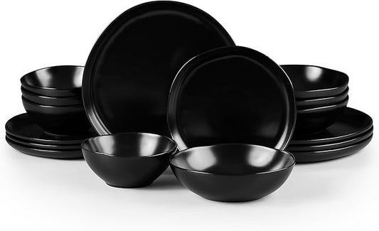 HaWare Plates and Bowls Set, Stoneware Dinnerware Sets, 16-Piece Hand-painted Dishware for 4, Ceramic Dish Set for Home Kitchen, Scratch Resistant, Microwave and Dishwasher Safe, Matte Black