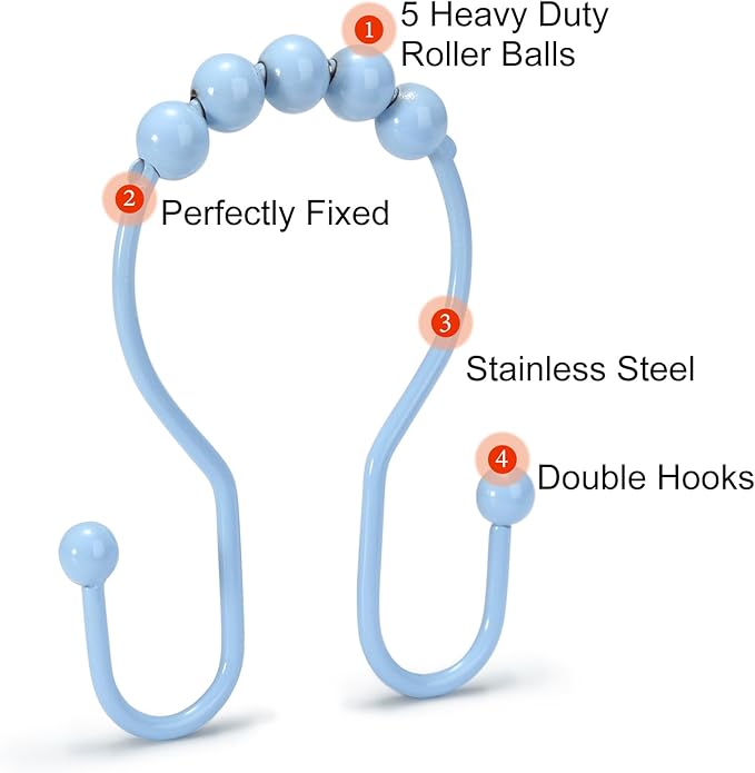 Goowin Shower Curtain Hooks, 12 Pcs Shower Curtain Rings, Stainless Steel Shower Curtain Hooks Rings Rust Proof, Smooth Sliding Anti-Drop Double Shower Hooks for Shower Curtain, Rods (Blue)