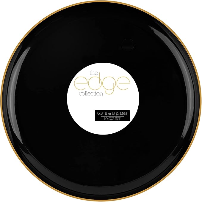 PLASTICPRO [30 pack 6.3 Plastic Party Plates Edge Collection Premium heavyweight Elegant Disposable Tableware Dishes (Black With Gold Rim