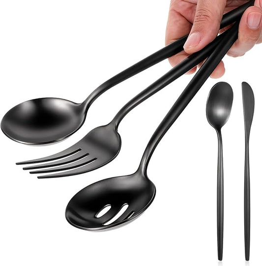 5 Pcs Black Stainless Steel Serving Utensils Set 10 Inch Black Serving Flatware Set, Includes Serving Fork, Slotted Spoon, Sugar Spoon, Butter Knife for Buffet, Wedding, Party