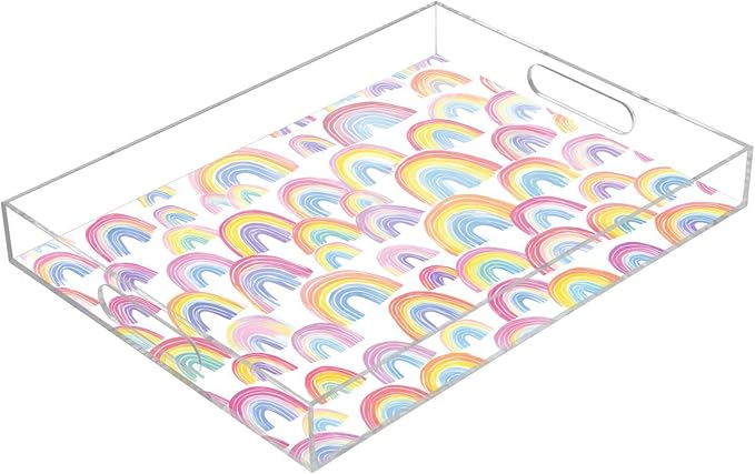 Serving Tray with Handles Clear Acrylic Tray 12x16 Inch Decorative Rectangular Tray Organizer for Ottoman Coffee Table Bathroom Gradient Cute Rainbows