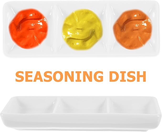 BESTONZON White Ceramic Serving Platter 3 Compartment Appetizer Serving Tray Rectangular Divided Sauce Dishes for Home Hotel Restaurant Kitchen Spices Vinegar Nuts(15cm x 6.5cm/White)
