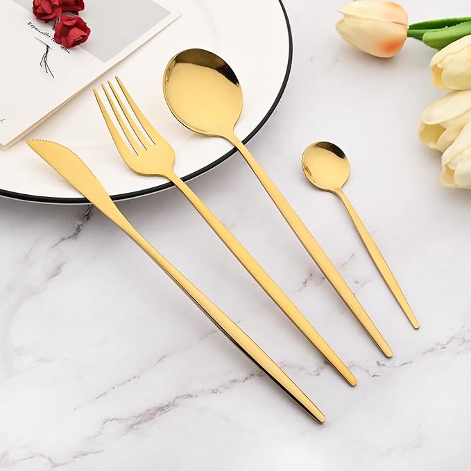 32 Piece Basic Silverware Set, 100% Stainless Steel Tableware Kitchen Silverware Ideal For Wedding/Party/Restaurant/Home, Service For 8, Mirror Stain - Gold