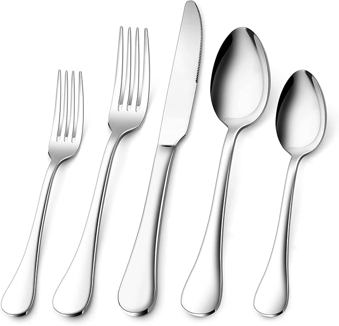 40-Piece Silverware Set for 8, E-far 18/10 Stainless Steel Flatware Cutlery Metal Eating Utensil Tableware Forks and Spoon Sets for Restaurant Wedding - Simple Fancy Style & Dishwasher Safe