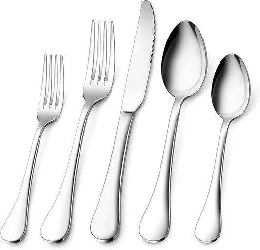 40-Piece Silverware Set for 8, E-far 18/10 Stainless Steel Flatware Cutlery Metal Eating Utensil Tableware Forks and Spoon Sets for Restaurant Wedding - Simple Fancy Style & Dishwasher Safe