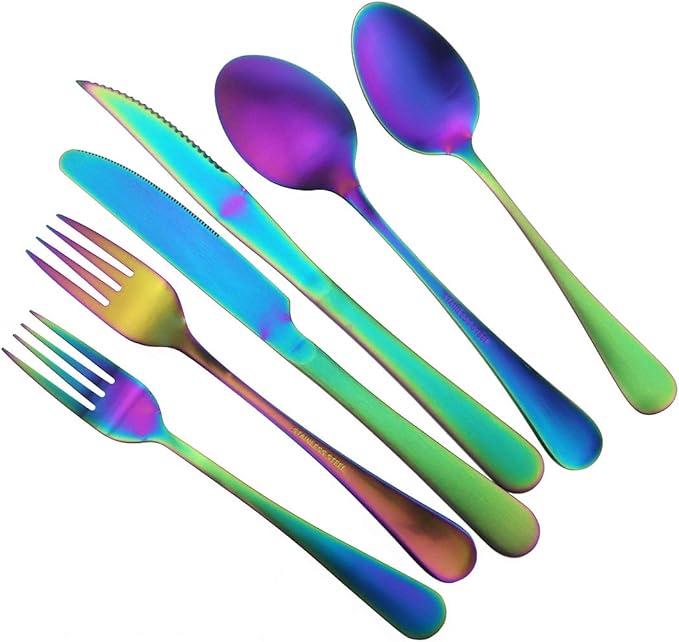 Gugrida 24-Piece Titanium Rainbow Plated Stainless Steel Flatware Set, Travel Cutlery Include Knife Fork Spoon Service for 4,Healthy & Eco-Friendly Silverware - Matte Elegant Modern Eating Utensils