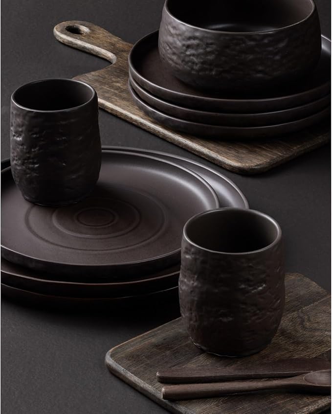 Stone by Mercer Project SHOSAI 16-Piece Stoneware Dinnerware Set, Plates and Bowls Set, Modern Dishware set fo 4, Black