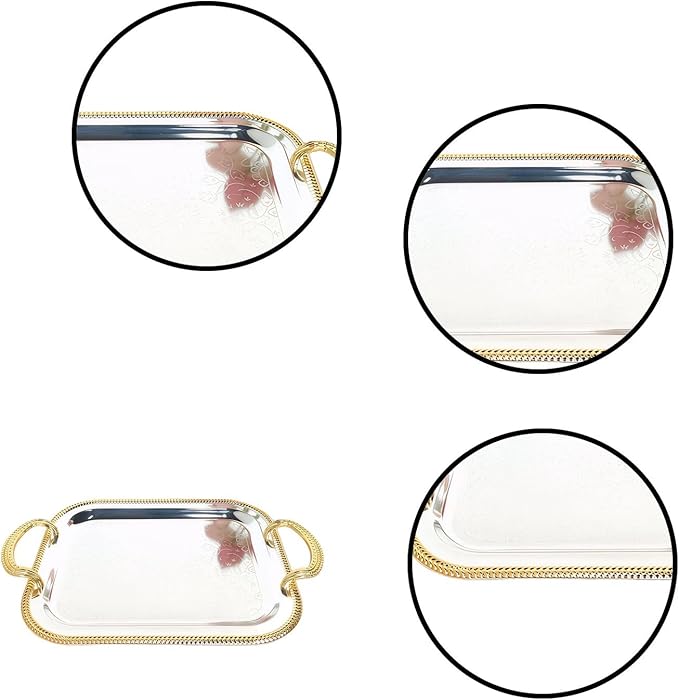 Rectangular Serving Tray Silver with Handles for Parties, Large Metal Tray for Serving Food and Drinks, European Style Tray