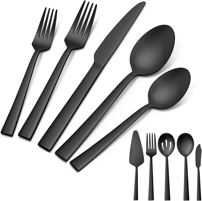 VeSteel 25Pcs Matte Black Silverware Set with Serving Utensils, Stainless Steel Flatware Set Service for 4, Metal Cutlery Eating Utensils Tableware Includes Forks/Spoons/Knives/Hostess Set