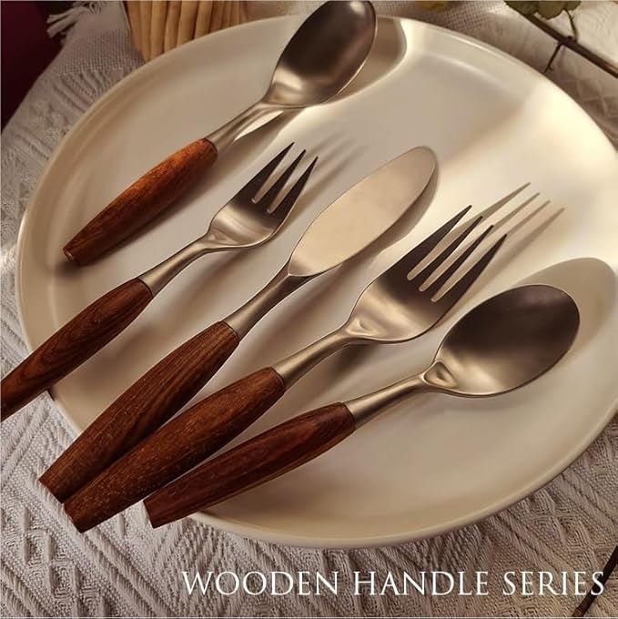 Silverware Flatware Cutlery Set, 5/20/30/40 Pieces Wooden Handle 304 Stainless Steel Table Knives, Forks And Spoons, Home Tableware, Restaurant Tableware(20 Pieces for 4)