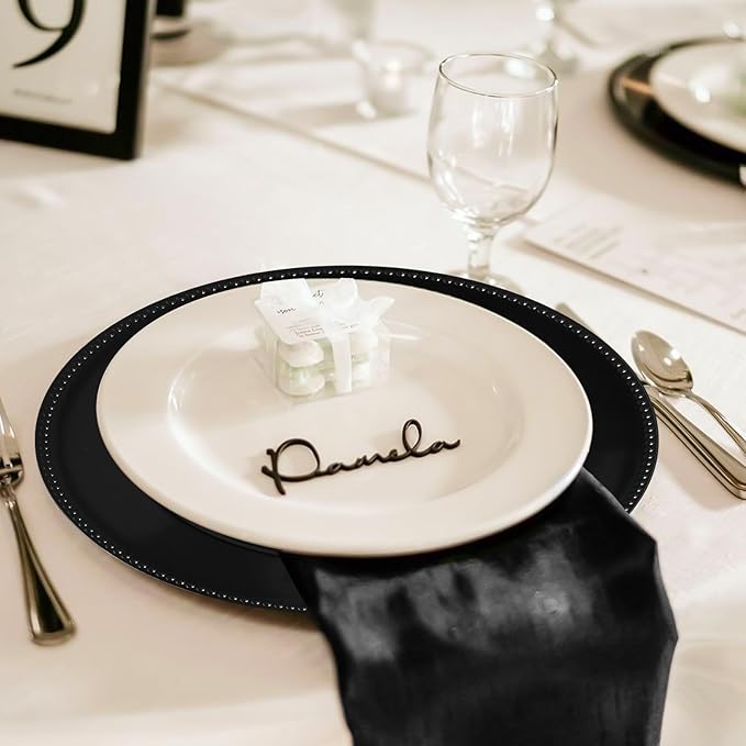 fani 50 Pcs Black Charger Plates Bulk, 13'' Round Beaded Dinner Charger Plates, Plastic Reusable Vintage Table Decoration for Wedding, Party, Reception, Event, Holiday Supplies