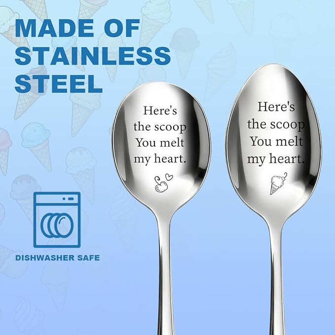 2 Pcs Ice Cream Spoons His And Hers Gifts for Couples Dessert Spoons Ice Cream Scoop Stainless Steel Wedding Anniversary Engagement Birthday Gifts for Her Him Husband Wife You Melt My Heart