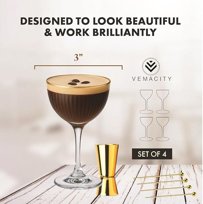 VEMACITY - Ribbed Nick and Nora Cocktail Glasses with Gold Rims (5.4oz) | Nick & Nora Glasses Set of 4, Jigger & 4 Picks - Vintage Glassware | Gimlet Cocktail Glasses | Ideal for Gifting