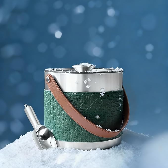 Insulated Ice Bucket with Lid, Scoop, Ice Tongs & Detachable Double-Sided PU Cover– 3L Double-Wall Stainless Steel Ice Buckets for Parties, Cocktail Ba, Champagne & Bar Cart Accessories
