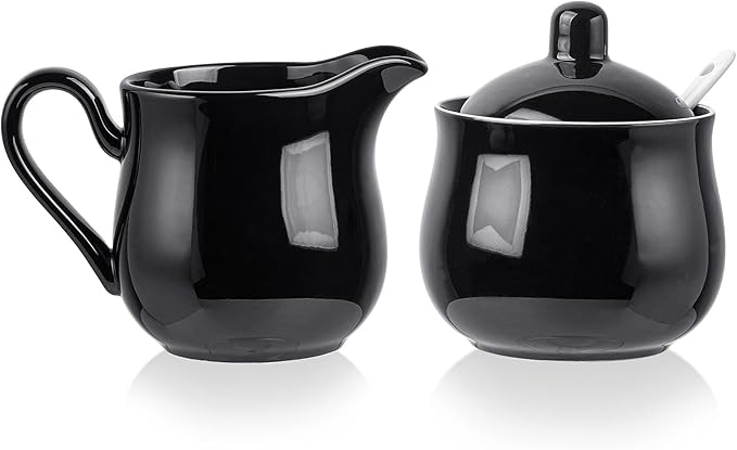 12 OZ Ceramic Sugar and Creamer Set, Coffee Serving Set, 5 Piece Cream Pitcher Sugar Bowl with Lid and Spoon (Black)