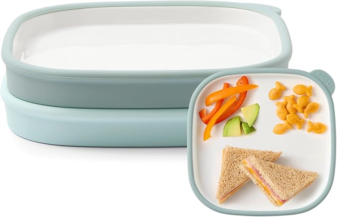 Ello Clean Start Toddler Everything Plate 2 Pack | BPA-Free Ceramic Plates with Silicone Sleeve for Babies/Toddlers | Microwave/Dishwasher Safe, Plastic-Free, High Chair Friendly | Dewdrop/Grayed Jade