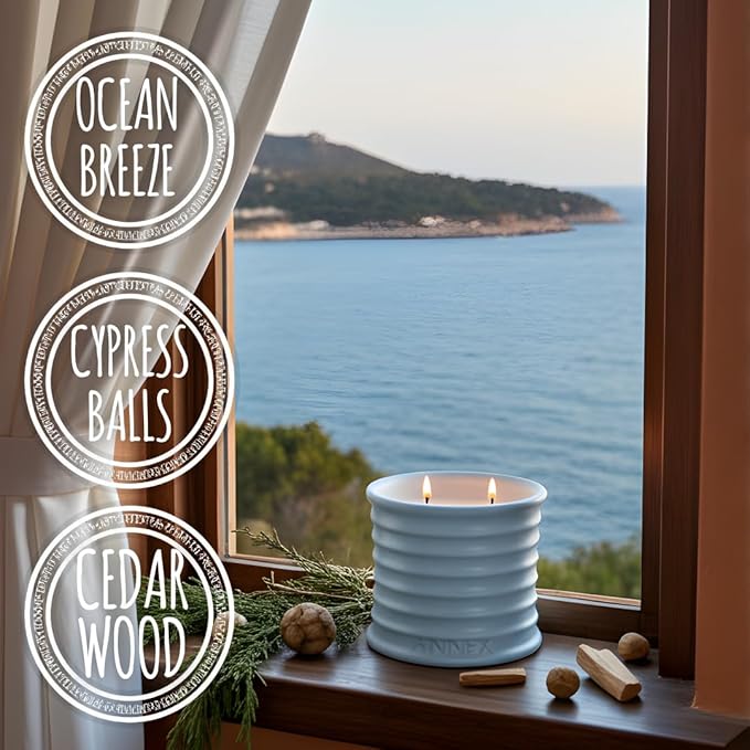 Scented Luxury Candles in Handmade Ceramic Jars, Soy Wax | Day On The Sea – Cypress & Cedar, Large Candle | Non Toxic, 2 Wicks, Reusable Big Blue Jar | Natural Spring Aromatherapy for Women & Men
