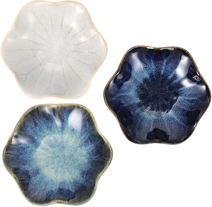 VICASKY 3pcs Ceramic Seasoning and Appetizer Plate Set with Lotus Leaf Shape, Assorted Blue Gradient, Rice and Vintage White Colors, Porcelain Sauce Dishes for Kitchen Dining Random Color