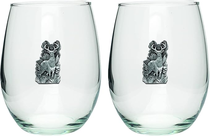 Heritage Pewter Whitetail Deer Stemless Glass Goblets – Set of 2 | 15 OZ Goblet Wine Glasses | Expertly Crafted Pewter Glass