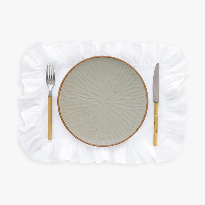 Solino Home Linen Placemats Set of 4-100% Pure Linen White Placemats 14 x 19 Inch for Christmas, New Year - Gabrielle Ruffle, Handcrafted and Machine Washable