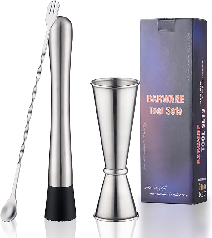 Muddler for Cocktails, 10 Inches Bar Spoon, 1 oz 2 oz Double Jigger- Premium 3 Piece Silver Mixing Tools Set for Drinks