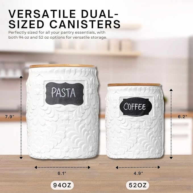 Decorative Ceramic Canister for the Kitchen Set of 2 (94oz/2779ml & 52oz/1537ml) – Airtight Flour Sugar Coffee Containers with Bamboo Lids, Large Kitchen Counter Storage Jars