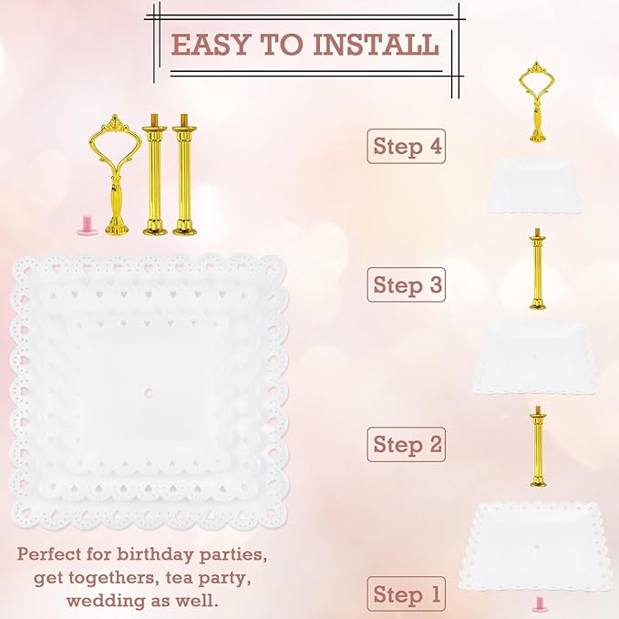 5 Pcs Cupcake Stand Set, Dessert Table Display Set with 2xSquare 3-Tier Cake Stands Holder + 3x Appetizer Trays Suitable for Birthday Wedding Tea Party Baby Shower (White, Lace Hole Square)