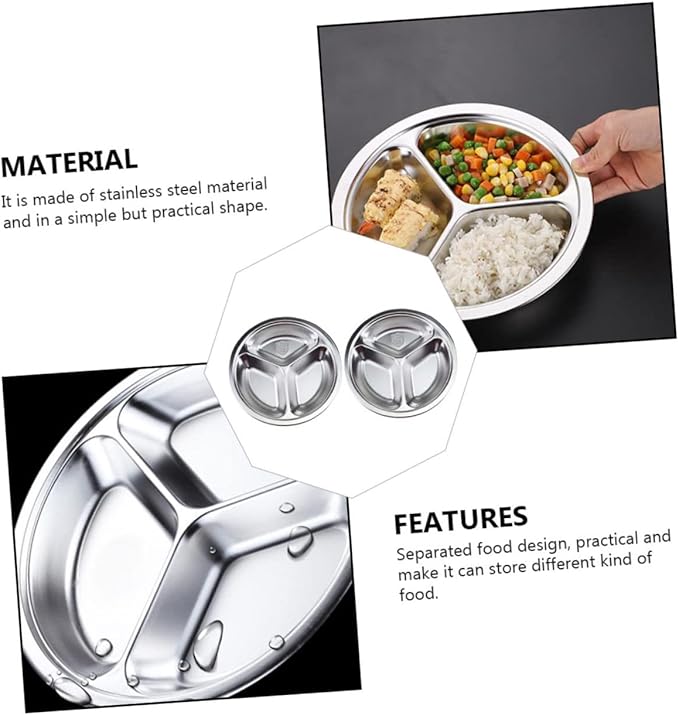 Cabilock 2pcs Stainless Steel Thickened Food Compartment Tray Serving Plates for Canteens Fast Food Home School Picnic Dishwasher Safe Practical Meal Storage