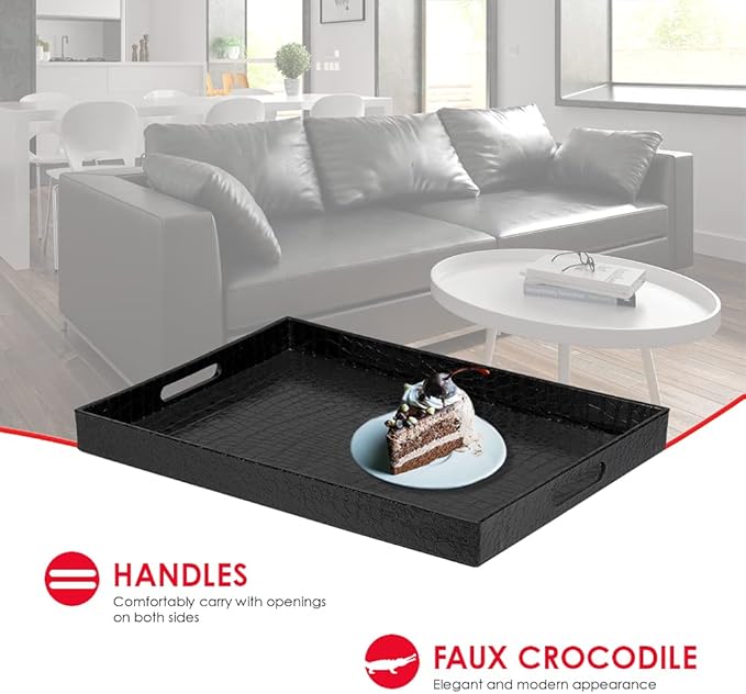 Home Basics Attractive & Elegant with Handles Serving Tray, 18" x 13" x 2" (Black)