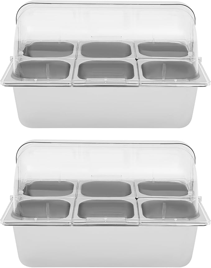 2Pcs 6 Pans Ice Food Serving Display Container w/Clear Roll Top Cover, Stainless Steel Serving Tray Catering Supplies Buffet Display Condiment Dispenser Plate Case for Restaurant Hotel Kitchen