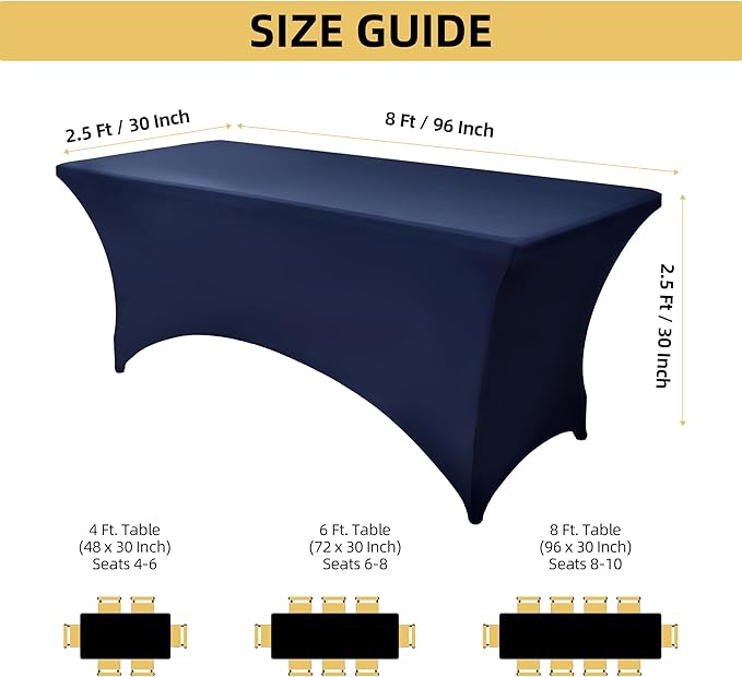 6-Pack 8ft Spandex Table Covers for Rectangle Folding Tables - Washable Elastic Tablecloth - Ultimate Fitted Table Protector for Birthday Parties, Trade Shows, Banquet