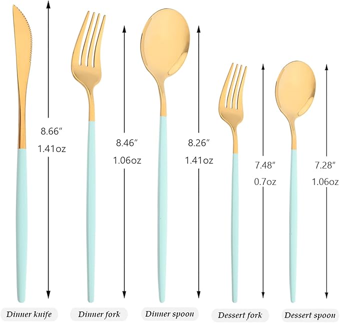 30-Piece Snplowum Mirror Flatware Serving Set, 18/0 Stainless Steel Dinnerware With Mint Green Handle, Modern Durable Home Kitchen Eating Tableware Set Service For 6 (Mint Green Gold)