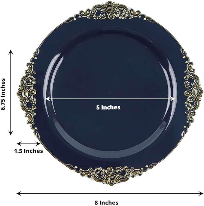 8" Salad Plates -Set of 20 - Plastic Navy Blue Round Baroque Disposable Chargers Leaf Embossed Rim, Ideal for Dinner Party Wedding Bulk Events