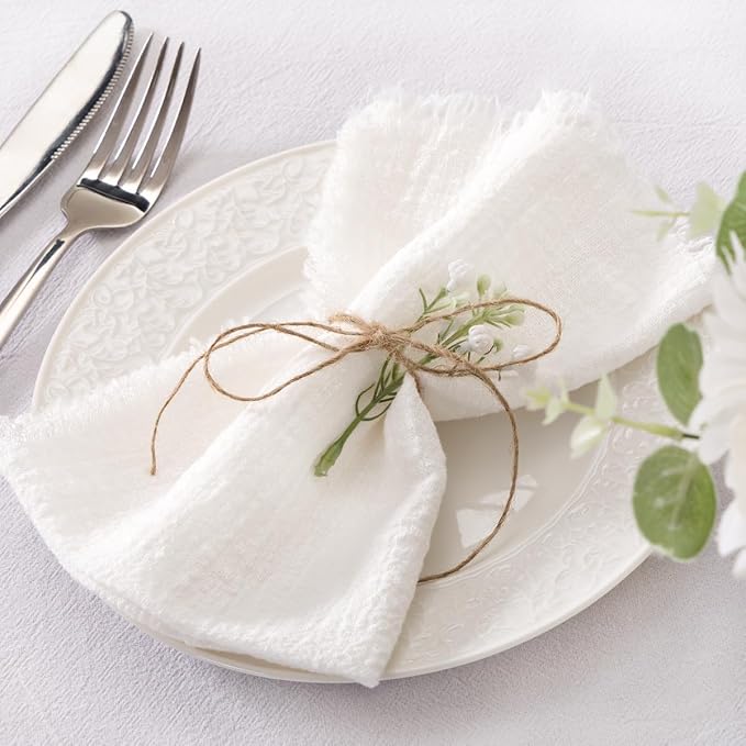 Socomi Set of 12 Linen Napkins Cream White Easter Spring Cloth Napkins Washable Cotton Dinner Napkins Fringe 17"x17" for Wedding Party Bridal Baby Shower Birthday Table Decorations