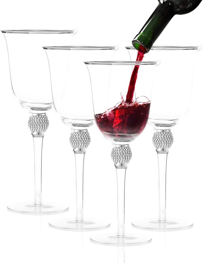 Premium Wine Glasses Set of 4 - Crystal Long Stem Wine Glass with Silver Rim & Rhinestone Design - 18 oz