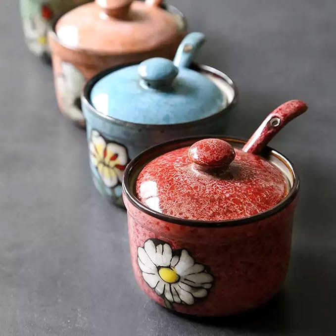 Handmade Ceramic Sugar Bowl with Lid and Spoon, 9oz Porcelain Condiment Jar with Hand-Painted Floral Design, Colorful Seasoning Container for Sugar, Salt, Spices Kitchen (4 colors)