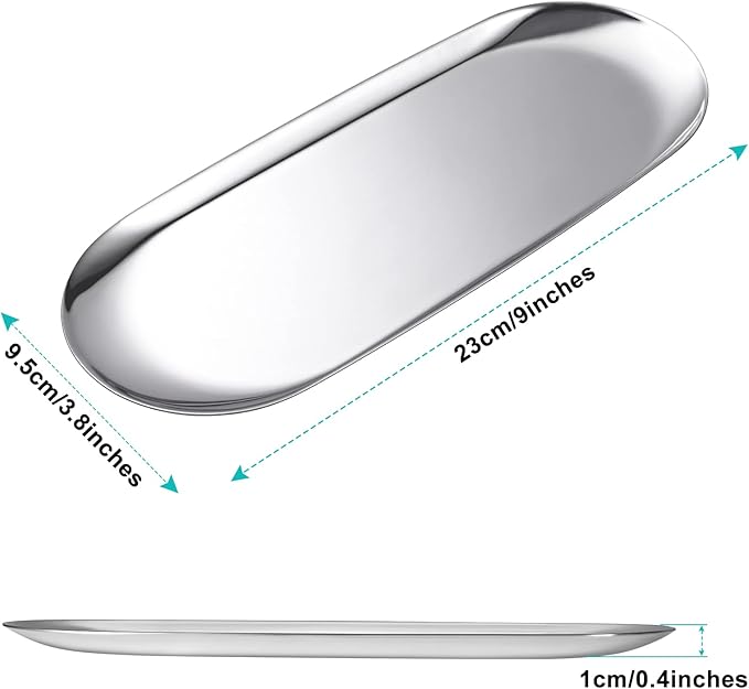 Set of 2 Silver Oval Stainless Steel Tray – Mini Coffee Table Tray for Jewelry, Cosmetics & Candles.