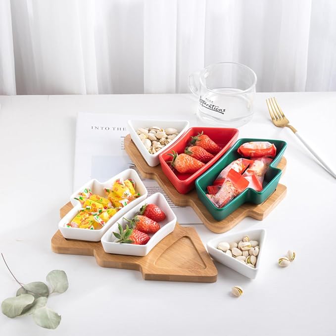 Colorful 10.8 Inches Colorful Snack Appetizer Trays Sets, Christmas Tree Dessert Serving Dishes, Snack Platter, 3 pcs Removable Porcelain Plates with Bamboo Tree Tray